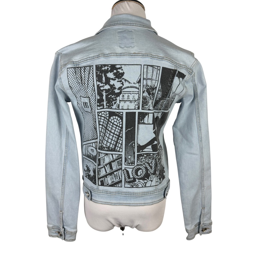 Blue Topic Women's Small Girl Power Comic Graphic Denim Jacket Light Wash - Picture 5 of 12